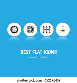 Flat Workshop Set Of Carrying, Tire, Muffler And Other Vector Objects. Also Includes Wheel, Block, Transmission Elements.