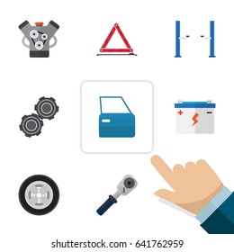 Flat Workshop Set Of Motor, Accumulator, Ratchet And Other Vector Objects. Also Includes Part, Lifting, Battery Elements.