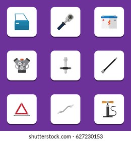 Flat Workshop Set Of Muffler, Automobile Part, Ratchet And Other Vector Objects. Also Includes Emergency, Door, Engine Elements.