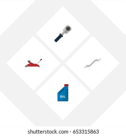 Flat Workshop Set Of Petrol, Coupler, Ratchet And Other Vector Objects. Also Includes Jerrycan, Spherical, Coupler Elements.