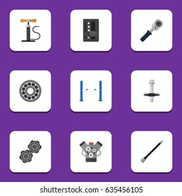 Flat Workshop Set Of Pipeline, Auto Jack, Automatic Transmission And Other Vector Objects. Also Includes Pipeline, Transmission, Lifting Elements.