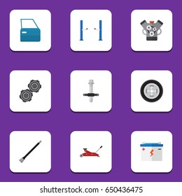 Flat Workshop Set Of Pipeline, Muffler, Automobile Part And Other Vector Objects. Also Includes Wheel, Jack, Lifting Elements.