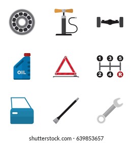 Flat Workshop Set Of Spanner, Pipeline, Carrying And Other Vector Objects. Also Includes Door, Car, Bearing Elements.
