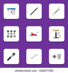 Flat Workshop Set Of Spanner, Ratchet, Wheel Pump And Other Vector Objects. Also Includes Screwdriver, Lifting, Coupler Elements.