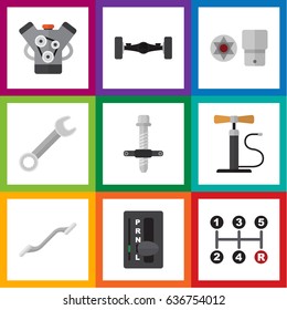 Flat Workshop Set Of Suspension, Motor, Coupler And Other Vector Objects. Also Includes Wrench, Coupler, Suspension Elements.