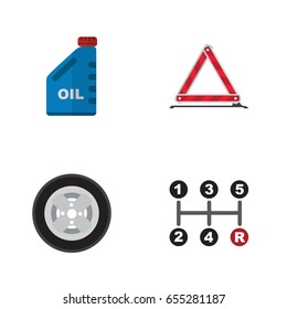 Flat Workshop Set Of Tire, Petrol, Carrying And Other Vector Objects. Also Includes Transmission, Emergency, Petrol Elements.