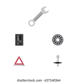 Flat Workshop Set Of Warning, Spanner, Brake Disk And Other Vector Objects. Also Includes Stop, Automatic, Block Elements.