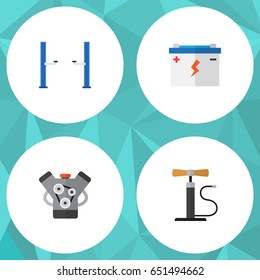Flat Workshop Set Of Wheel Pump, Accumulator, Motor And Other Vector Objects. Also Includes Accumulator, Jack, Pumping Elements.