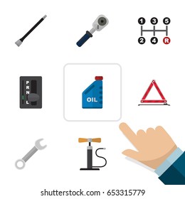 Flat Workshop Set Of Wheel Pump, Warning, Ratchet And Other Vector Objects. Also Includes Warning, Wrench, Automatic Elements.