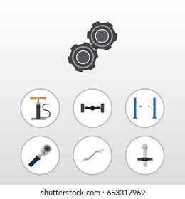 Flat Workshop Set Of Wheel Pump, Coupler, Suspension And Other Vector Objects. Also Includes Spherical, Joint, Ratchet Elements.