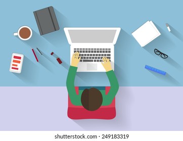 Flat workspace with design elements. Vector