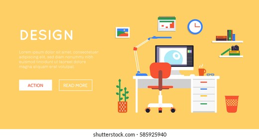 Flat workspace site template of design studio with interior furniture equipment and objects vector illustration