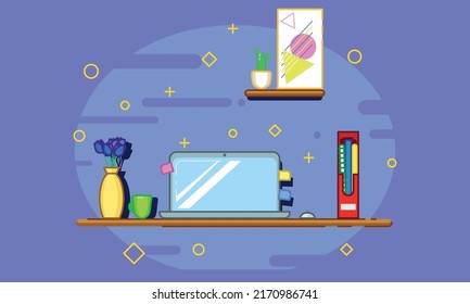 A flat workspace, table with a set of different things, vase, flowers, laptop, books, plant, cup. A home office or a working place of a writer, accountant, etc.