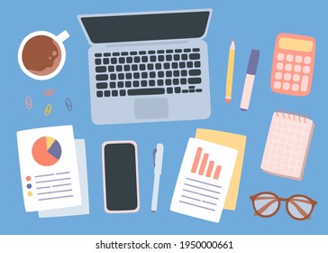 Flat workspace top view for design. Vector illustration of business work flow gadgets. Glasses, laptop, coffee mug, calculator, phone, paper, notebook, documents with diagram. Financial analytics