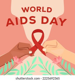 flat world aids day with hands holding red  bow ribbon