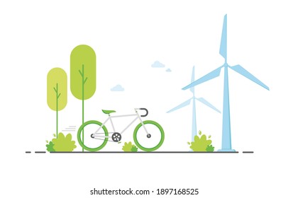 Flat World Car Free Day. Cycling Around The City Or Outside The City. Protection Of Nature And The Environment. City Bike. Eco Friendly. Flat Design. Eps 10