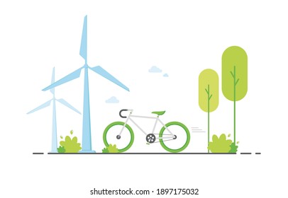 Flat World Car Free Day. Cycling Around The City Or Outside The City. Protection Of Nature And The Environment. City Bike. Eco Friendly. Flat Design. Eps 10