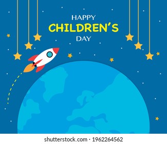 Flat World Children's Day With Rocket Vector
