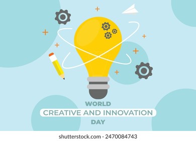 Flat world creatity and inovation day with lightbulb, gear, and pencil - World Creativity and Innovation Day