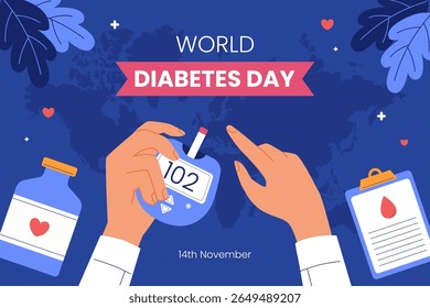 Flat world diabetes day background with glucometer illustration. Clean illustration blood glucose meter, health icons. Perfect for awareness banners, social media, and medical campaigns.