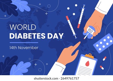 flat world diabetes day background with glucometer illustration. Clean illustration blood glucose meter, health icons. Perfect for awareness banners, social media, and medical campaigns.