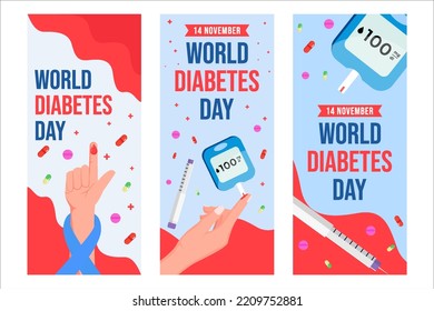 conjunto de banderas verticales del día de la diabetes en el mundo plano