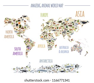 Flat World Flora And Fauna Map Constructor Elements. Animals, Birds And Sea Life Isolated Big Set. Build Your Own Geography Infographics Collection. Vector Illustration