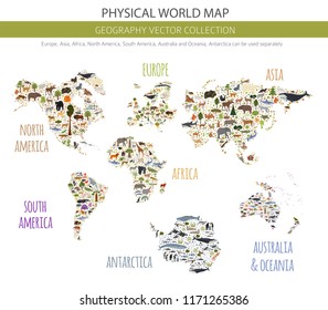 Flat world flora and fauna map constructor elements. Animals, birds and sea life isolated big set. Build your own geography infographics collection. Vector illustration