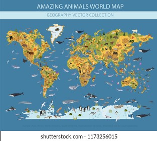 Elementos constructores de mapas de fauna y flora de mundo plano. Animales, pájaros y vida marina aislados en grandes dimensiones. Construya su propia colección de infografías geográficas. Ilustración del vector