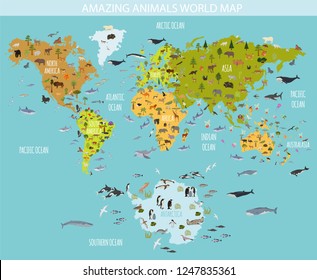 Flat world flora and fauna map constructor elements. Animals, birds and sea life isolated big set. Build your own geography infographics collection. Vector illustration