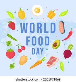 flat world food day illustrtation with fruits, vegetables, and meat vector