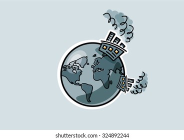 flat world globe and factory pollution illustration vector