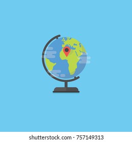 Flat world globe with map pin icon. Locations on the earth map. Geo positions concept