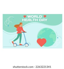 Flat world health day horizontal banner. A woman riding a scooter