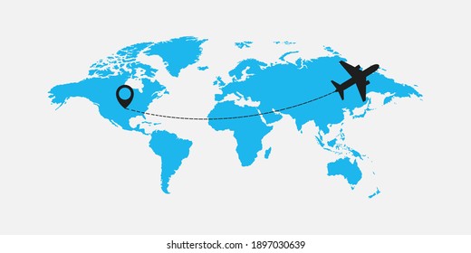 Flat world map with airplane illustration vector illustration