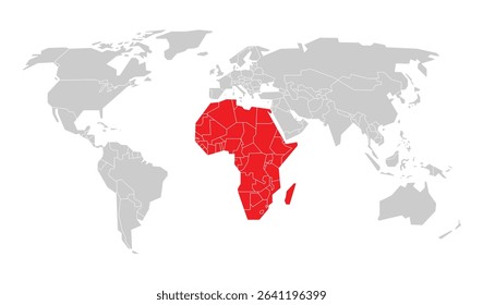 Flat world map featuring Africa continent clearly