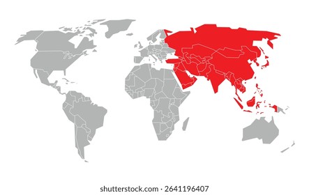 Flat world map featuring Asia continent clearly