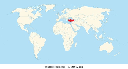 Ilustración plana del mapa del mundo que destaca Turquía en rojo situada entre Europa y los continentes de Asia claramente