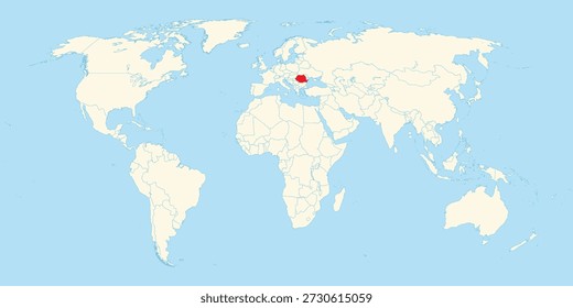 Ilustración plana del mapa del mundo que destaca a Rumania en rojo situada dentro de la región balcánica de Europa del Este