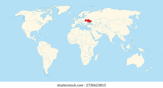Ilustración plana del mapa del mundo que destaca a Ucrania en rojo situada dentro de la región de Europa del Este claramente