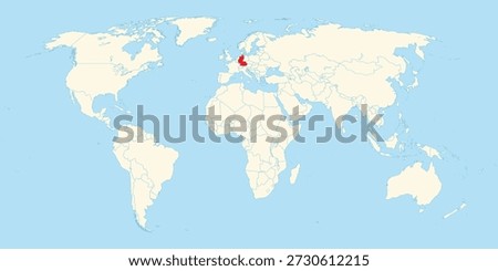 Flat world map illustration highlighting the specific geographic location of Germany in red within Central Europe