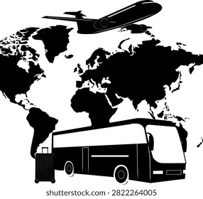 A flat world map sits behind a bus and suitcase. A passenger airplane flies above. International tourism, road trips, and passenger air transit.