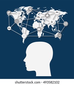 Flat World map with social media icons network and human head
