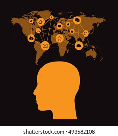 Flat World map with social media icons network and human head