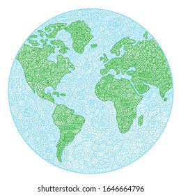 Flat world map vector. Zentangle earth page