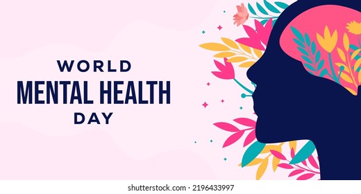 Flat World Mental Health Day Banner Illustration With Person Silhouette And Floral