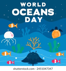 flat world Ocean day illustration vector design with sea organisms