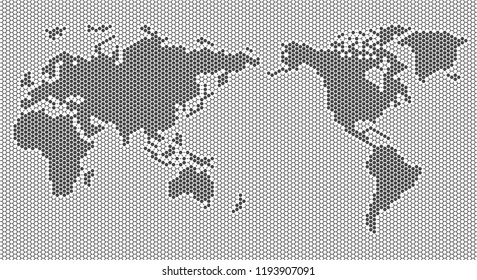 flat world pixel dots map with Atlantic Ocean in the design of points dots of hexagons. 