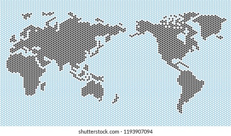 flat world pixel dots map with Atlantic Ocean in the design of points dots of hexagons. 