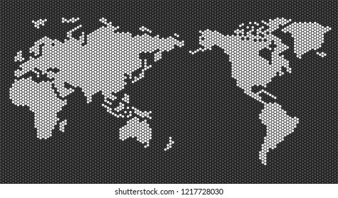 flat world pixel dots map with Atlantic Ocean in the design of points dots of hexagons. Planet Earth background Dotted banner. All the continents of the world in one picture pixel Dotted.